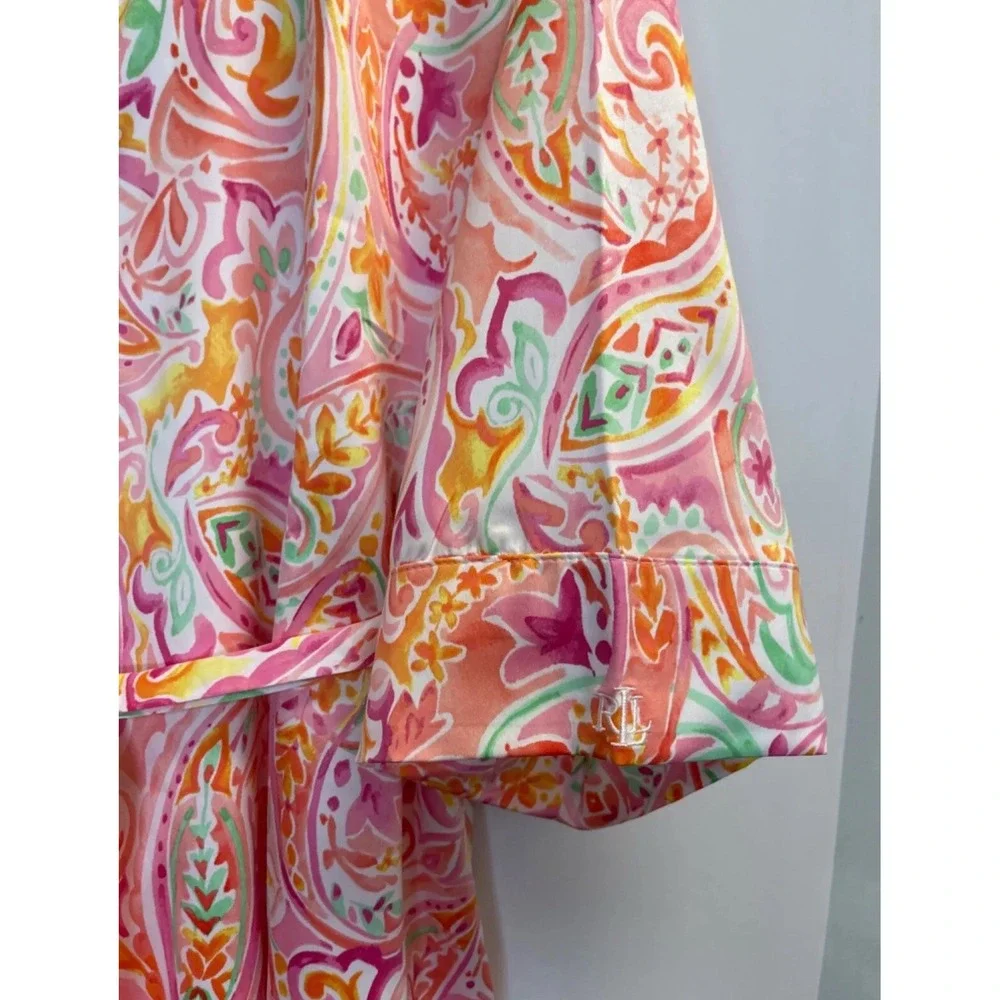 Lauren Ralph Lauren Women's Size L Satin Paisley Print‎ Robe Pink Belted Pockets